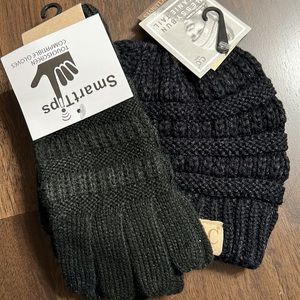 Set C.C Beanie Soft Cable Knit Messy High Bun Ponytail Beanie & Gloves